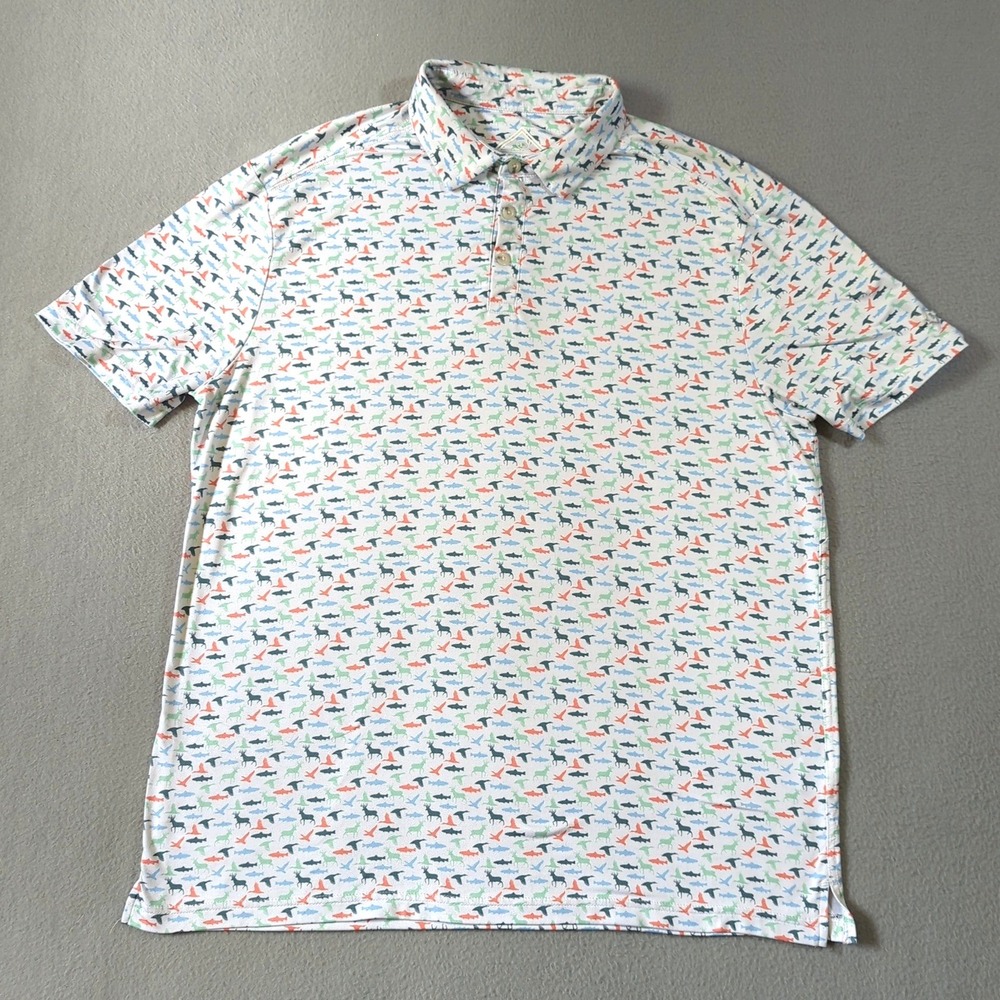 Burlebo Mens Performance Polo Shirt Large Wildlife Deer Duck Fish Print White - Picture 2 of 8